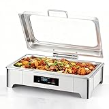 Elektrischer Chafing Dish, 9L Edelstahl Speisewärmer, Buffetwärmer Einstellbare Temperatur, Warmhaltebehälter Essen Elektrisch mit Sichtbarem Glasdeckel für Büfetts und Bankette, Full Pan