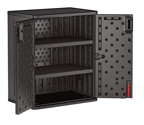 Suncast Commercial Heavy-Duty 9 Cubic Ft. Resin Storage Cabinet with Lockable Handles, Adjustable Metal-Reinforced Shelves for Garage or Workspace, Black, Made in The USA