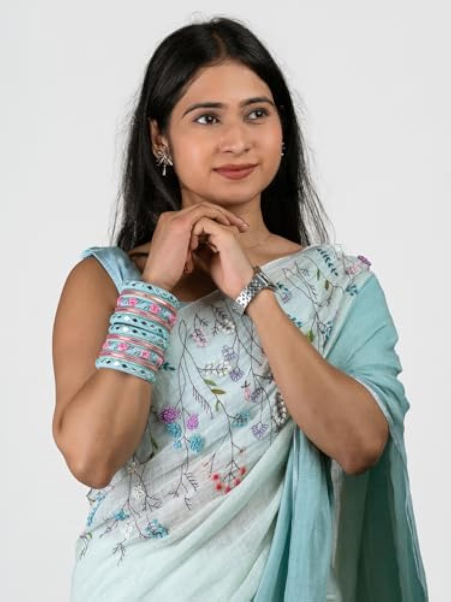 Myra Blue Pink Flower Work Bangles, Handcrafted Cotton Thread Bangle Set for Women & Girls