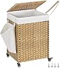 Cesto para ropa con tapa, 120L, con ruedas, ratán sintético, forro extraíble, color natural 2