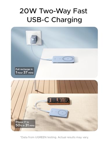 Image of UGREEN Magflow Air QI2 Power Bank, 8.6mm Ultra-Slim 5000mAh Magnetic Battery, 20W PD Fast Charging Portable Charger, MagSafe-Compatible External Battery for iPhone 17 /16 /15 /14 Series, Blue