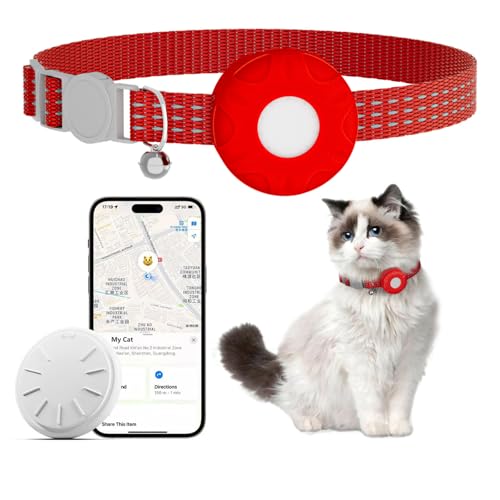 ZITTZ Cat Tracker Collar,No Monthly Fee Pet Tracker for Cats (Only iOS),Waterproof Tracker Cat Collars with Safety Elastic Buckle,Cat Tracker Compatible with Apple Find My App-Red