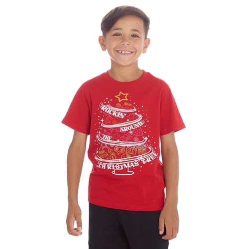 WS-AW23 Kids Girls Boys Christmas T-Shirt Xmas Novelty Print Tee Short Sleeve Top 100% Cotton Red Sparkling Christmas Tree 11-12 Years