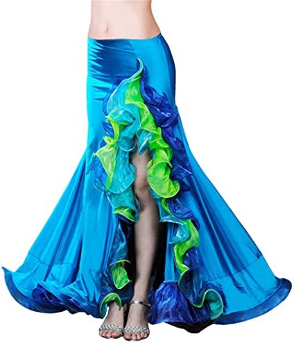 Side Split Ruffle Skirt Belly Dance Skirt Women Costume Skirt Performance Lotus Leaf Skirt Light Blue One Size