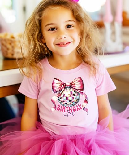 Birthday Girl Coquette Disco Ball Shirt for Girls Trendy Pink Bow Party Theme T-Shirt for Kids2