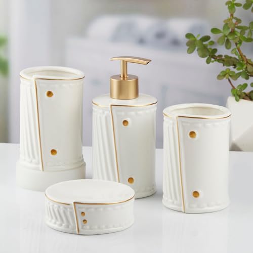 Image of SaSaSa Ceramic Bathroom Accessories Set of 4 Modern Bath Set with Soap Dispenser & Toothbrush Holder, Luxury Home & Gift Idea, White (10373)