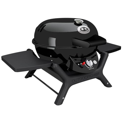 Outdoorchef P-420 G Minichef Gas Barbecue – 1-Burner, Piezo Ignition, Rotatable EASY FLIP Funnel, Porcelain-Enamelled Kettle, Compact Design, Removable Side Shelves, Integrated Lid Thermometer