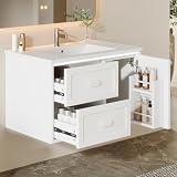 Merax Badezimmerschrank mit Waschbecken, komplett lackiert, LED-Radarsensor, Zwei leise Schubladen, integriertes Becken für Moderne Badezimmer, Hängeschrank, Weiß/76x46x51cm