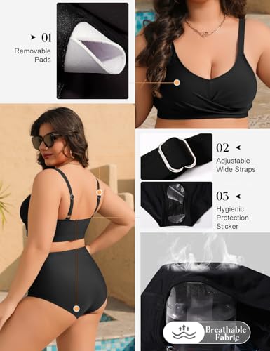 Tuopuda Plus Size Bikini Sets for Women Two Piece Bikini Top High Waisted Bikini Bottom Tummy Control Ruched Bathing Suits Swimming Costume 2 Piece Padded Beachwear Push Up Swimwear, Black, 4XL - Image 4
