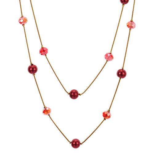 Coolsteelandbeyond Gold Red Statement Necklace Two-Strand Long Chains With Red Crystal Beads Charms, Fashionable, Dress #TOP1