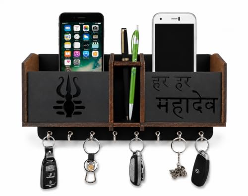 Image of Premium Har Har Mahadev Multipurpose Wooden Key Holder, Key Hanging for Wall Home, Living Room, Office Decor Key Holder Trishul Design Key Holder with Stainless Steel 8 Hooks Gift Item
