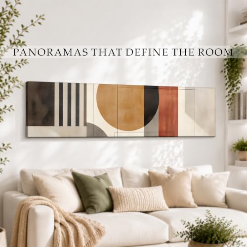 Image of Large Stretched Canvas Painting, Panel Wall Painting Abstract Geometric Circle Luxury Paintings for Home Decoration, Living room, Bedroom and Office Decor (Beige, 12x46 Inch)