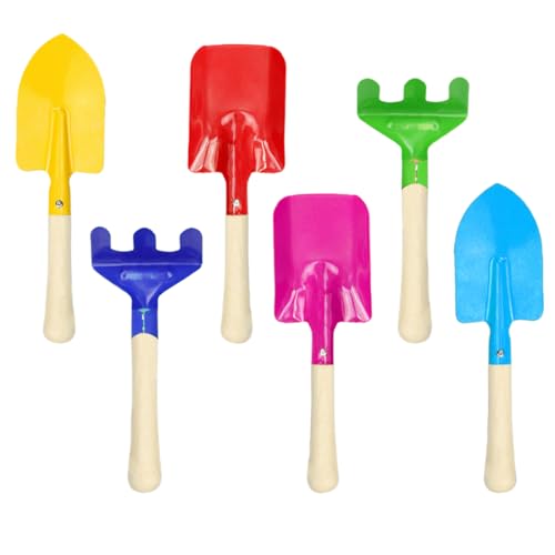 YIPFEN Ensemble d'outils de jardin pour enfants 6 pièces avec pelle, râteau et bêche en métal et bois pour jardin, balcon, terrasse et bac à sable