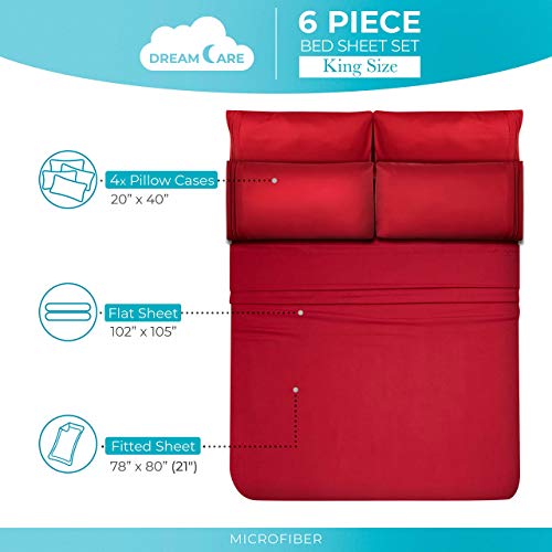 Image of DREAMCARE King Size Sheets Set - 6 pcs Breathable Cooling Sheets King Size | up to 21 inch Extra Deep Pocket King Sheet Set with Side Pockets - Extra Soft 100% Double Brushed Hotel Luxury Bedding - Burgundy