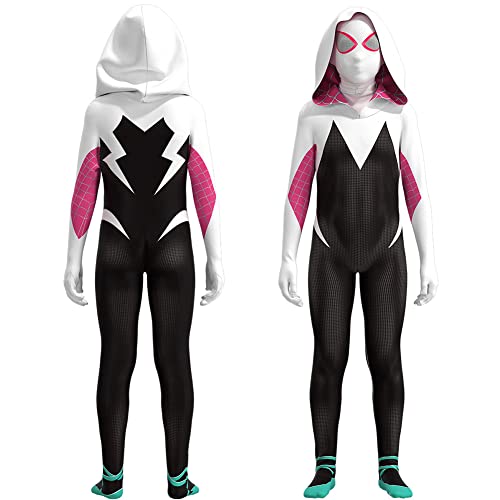 Amycute Costume Spider Gwen Déguisement Spiderman Enfants Super Héros Filles Masque Spiderman Halloween Accessoire Carnaval Cosplay Anime Cadeau Anniversaire Filles (140) Cover