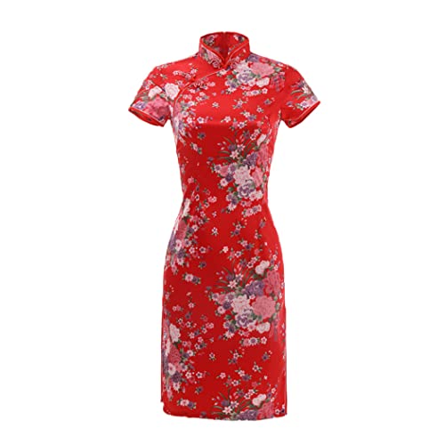 Robe chinoise qipao en satin rouge M : La coupe parfaite qui flatte la silhouette sans serrer