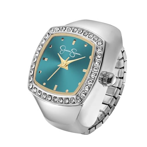 Jessica Simpson Women's Silver Ring Watch – Cushion Crystal Bezel, Teal Sunray Dial with Gold Accents, Stretch Expansion Band, Quartz Analog Fashion Accessory