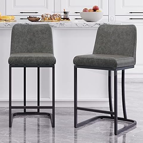 HERA'S PALACE 24” Faux Leather Bar Stools Set of 2, Modern Counter Height Barstools with Back, Armless Dining Chairs with Metal Legs, for Kitchen Island Counter, Dining, Pub, etc Cover