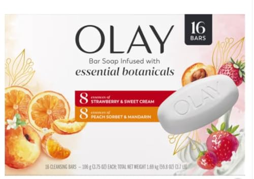 Olay Botanical Bliss Bar Soap – 16 Pack (3.75 oz each) | Infused with Strawberry & Sweet Cream, Peach Sorbet & Mandarin by Olay - Used condition - US$23.97