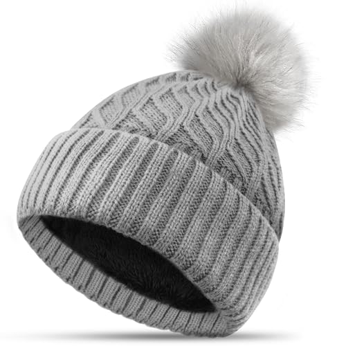 FORVEVO Mütze Damen Winter, Beanie Damen mit Fleece Gefüttert, Warme Wintermütze, Strickmützen mit Bommel für Outdoor Laufen Skifahren (Grau)