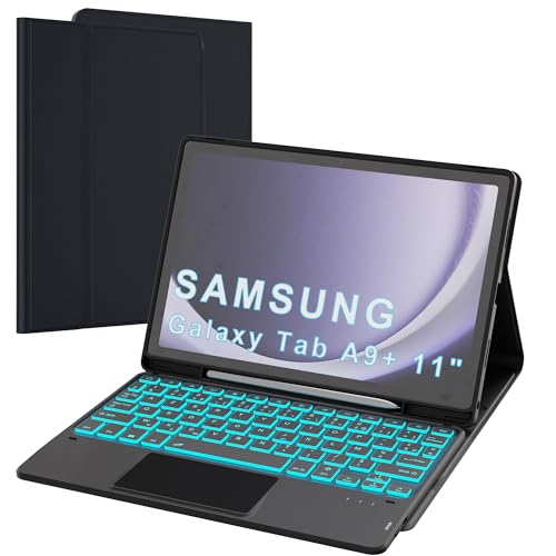 Étui Clavier pour Samsung Galaxy Tab A11 Plus/A9+ 11 Pouces - 7 Couleurs Rétroéclairées Amovible Tablette Coque Sans Fil avec Pavé Tactile – Tab A9 Plus...