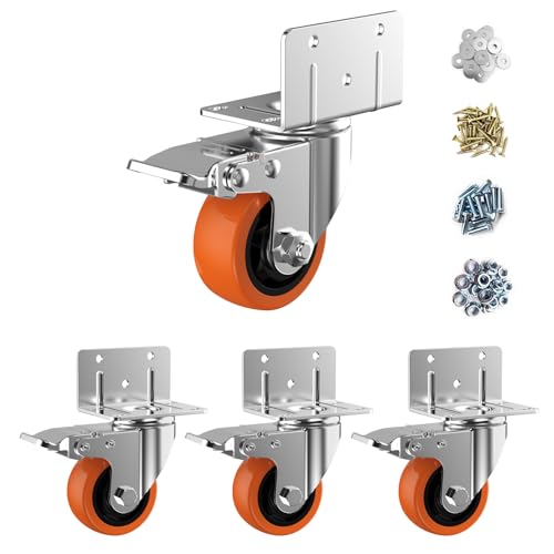 Image of 3inch L-Shaped Caster Wheels, Side Mount Casters Set of 4, Heavy Duty Casters with Brake, Double Bearing Locking Polyurethane(PU) Wheels for Baby Beds /Cabinets /Furniture（4 Pack
