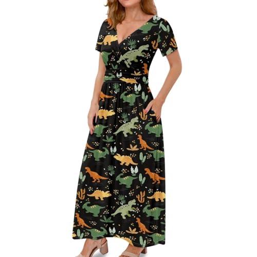 Image of Women's Fall Summer Short Sleeve Ankle Length V-Neck Party Dress with Pockets Size S-3XL