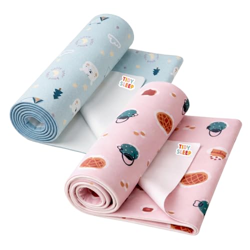 Image of Tidy Sleep Printed Baby Dry Sheet Waterproof Mattress Protector for Newborns | Soft Quick-Dry Bed Protector Mat | Reusable Leakproof | Sweet Treat & Bear Goodnight Pack 2 (Medium)