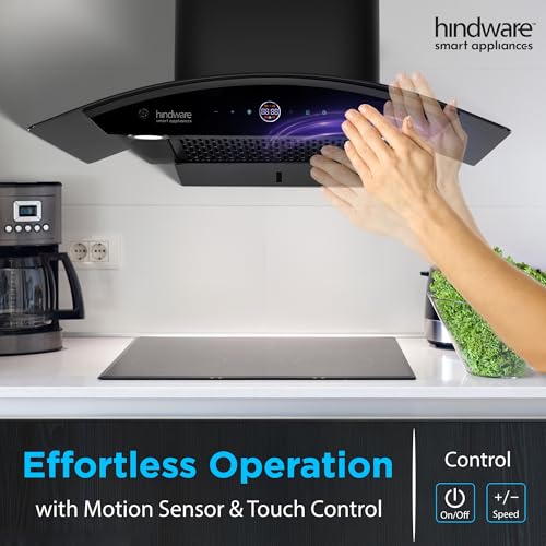 Image of Hindware Smart Appliances | Nadia BLDC 75 IN Kitchen Chimney | 1600 CMH |Curved Glass | Filterless | Auto Clean | Touch Control, Motion Sensor | 12 Yrs Warranty on Motor & 3 Yrs on Product (Black)