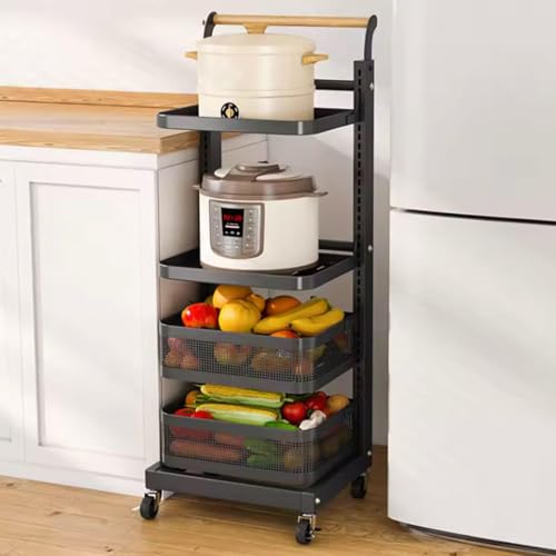 Carrito de cocina rodante con 4 tablas negras y 2 cestas, almacenamiento versátil para cocina, baño y microondas, ideal para ollas y utensilios