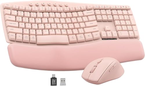 Pink Wireless Keyboard and Mouse Combo 30dB Quiet Ergonomic Wave Keyboard Set with Soft Leather Palm Rest Dual-System Switch for Windows/Mac Ideal for Business Teams Home Office - SABLUTE MA41