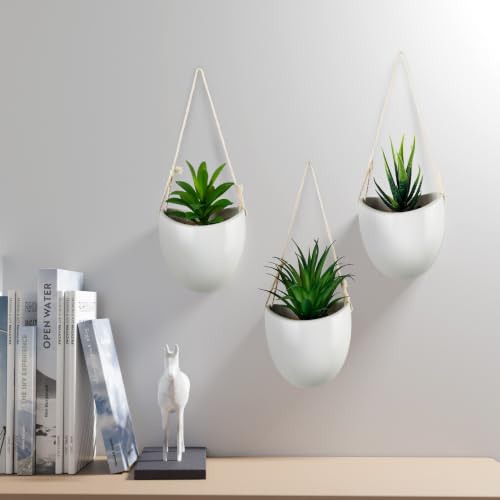 PASCH® Zestaw 3 sztucznych roślin w wazonach ściennych z białej ceramiki | mała roślina wisząca (15 cm) wraz z gwoździam
