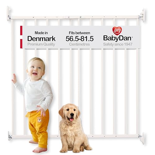 Cancelletto di sicurezza BabyDan Ebeltoft - Cancelletto per bambini per aperture strette (56,5-81,5 cm) - Cancelletto per bambini e animali domestici - Regolabile e resistente, bianco, metallo