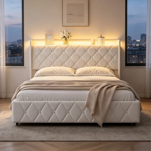 BRILVERDE Cama canapé abatible 160x200 con LED/USB, Cama tapizada con Cabecero Acolchado y Base de Láminas, Terciopelo (Beige, 160 x 200 cm)