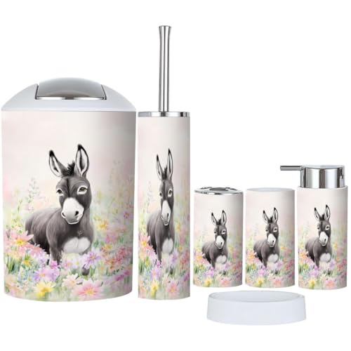 Bathroom Accessory Set 6 Piece Boho Graceful Donkey Vibrant Watercolor
