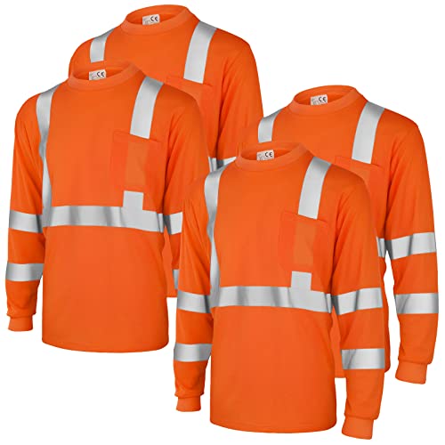 Amylove 4 Pcs Long Sleeve Safety Shirt High Visibility Reflective Construction Work Shirts for Men Women(XL,Orange)