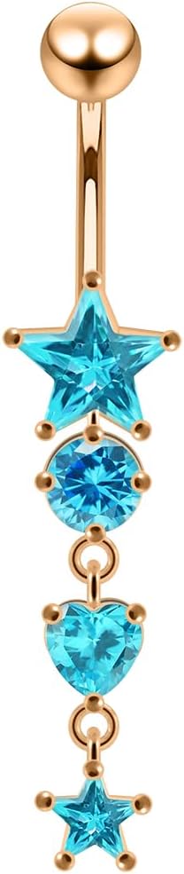 Cz Stone Rose Gold Plated Star with Round and Heart Dangling Design Sterling Silver with Stainless Steel Belly Ring - Belly Button jewelry - Navel jewelry - Silver Navel Ring