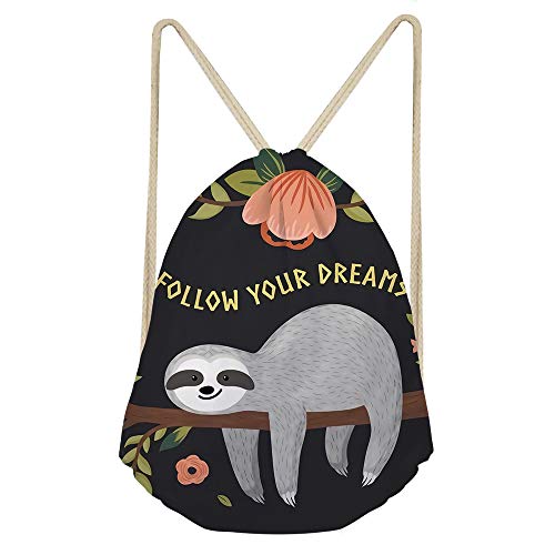 COEQINE Funny Sloth Flower Print Drawstring Backpack Bags Shoulder Tote Sack Bag for Picnic Gym Sport Beach Travel for Women Girls