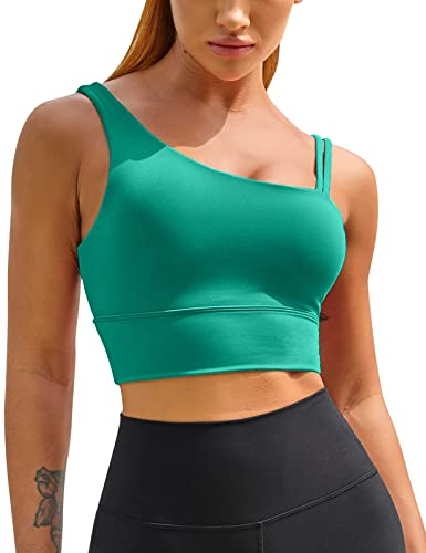 Image of MELYUM Longline Sports Bras for Women One Shoulder Workout Tank Tops with Built in Bra Supportive Crop Yoga Top Padded