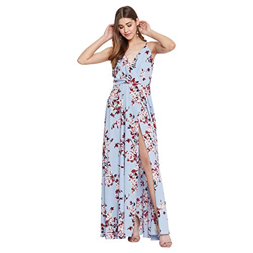 Image of Berrylush Women Floral Print Stylish Flaired Front Slit Shoulder Strap Maxi Dress Blue Small
