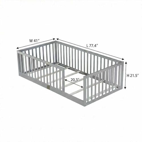 Image of Bellemave Twin Size Kids Montessori Floor Bed Frame with Slats,Solid Wood Floor Bed Frame with High Fence for Kids,Girls,Boys,Gray