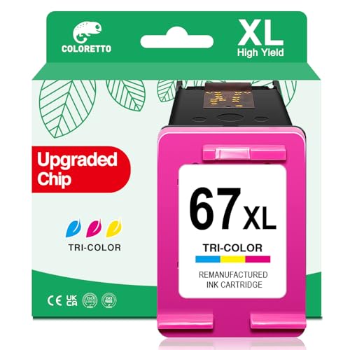 COLORETTO 67XL Color Ink Cartridge for HP 67 Color Ink Cartridge for Deskjet 2800e 2855e 2827e 2842e 2852e 2700 2755e 2742e 4255e 4155e Envy 6455e 6055e 6000 for HP Ink 67 XL Tricolor Replacement