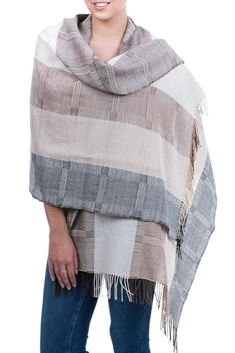 NOVICA Artisan Handmade 100% Alpaca Shawl Unique Fine Wool Neutral Color Accessories Shawls Brown Beige Patternedstriped Peru ' Quiet Atacama'