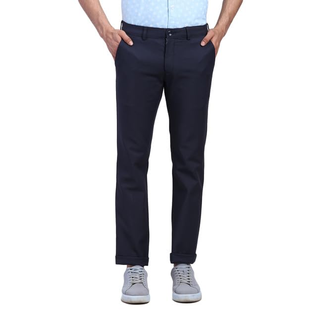 Color Plus Men's Slim Fit Cotton Blend Dobby Pattern Flat Front Casual Trouser Blue