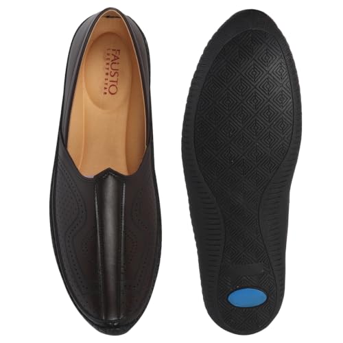 Image of FAUSTO Men Perforated Side Stitched Ethnic Round Toe Juttis and Mojaris for Wedding | Flexible Anti Skid Sole | Pathani Kurta Slip On Shoes