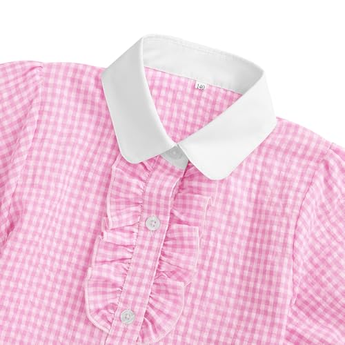 Image of Girls Short Sleeve Button Down Shirts Ruffle School Uniform Crop Tops Peter Pan Collar Plaid Blouse 4-13Y