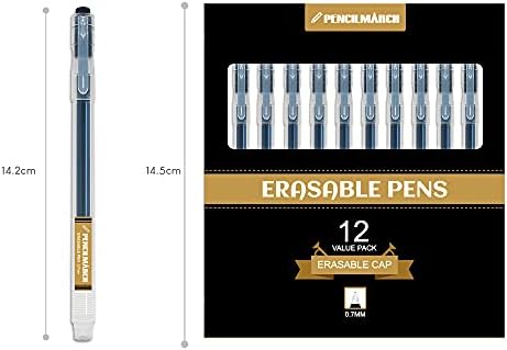 PENCILMARCH Gel Erasable Pens 0.7mm Tips Rub Out Pen Pack of 12 Black Refillable Rollerball Pens for Handwritingfor Students, Kids, and Adults Using in Office, School, and Home