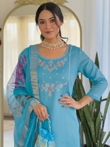 Image of Naixa Women's Viscose Embroidered Straight Kurta with Pant and Dupatta Sets (Available in Plus Size) (NX-665)