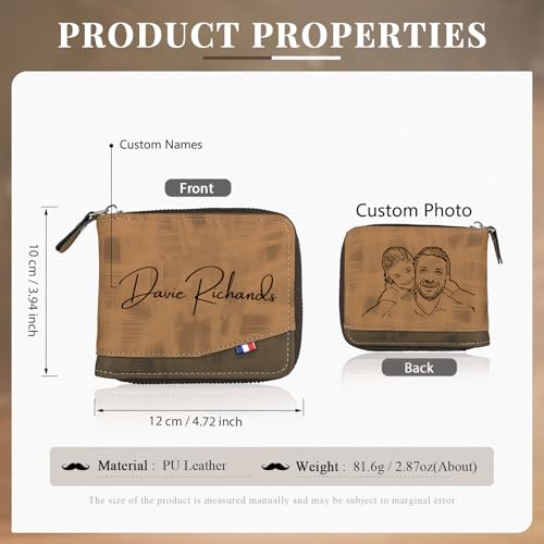 Leather Mens Wallet With Zipper Personalized Photo Name Text Christmas Gift for Dad Grandpa Contrast Color Bi Fold Wallet 4 72 x 3 94 inches4