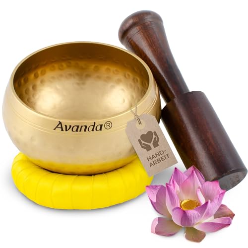Tibetisches Klangschale-Set für Yoga Meditation und Entspannung - Gehämmerte tibetische Klangschale Ø 8 cm Mangoholz-Schlägel und Ring-Kissen Gelb